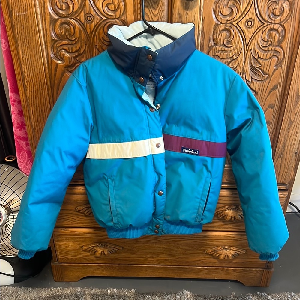 Vintage Powederhorn Blue and White ski Puffer Jacket